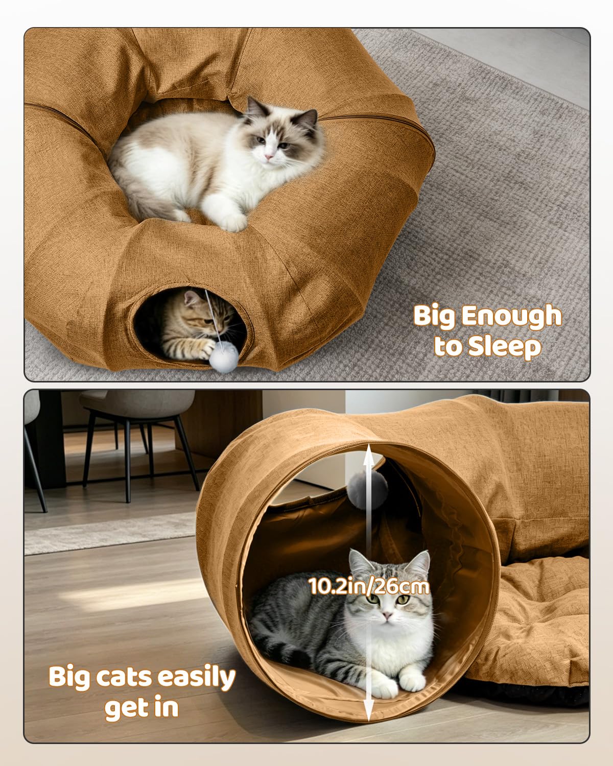 Odoland Cat Tunnel with Bed, Foldable Large Pet Donut Tunnel Bed in Linen