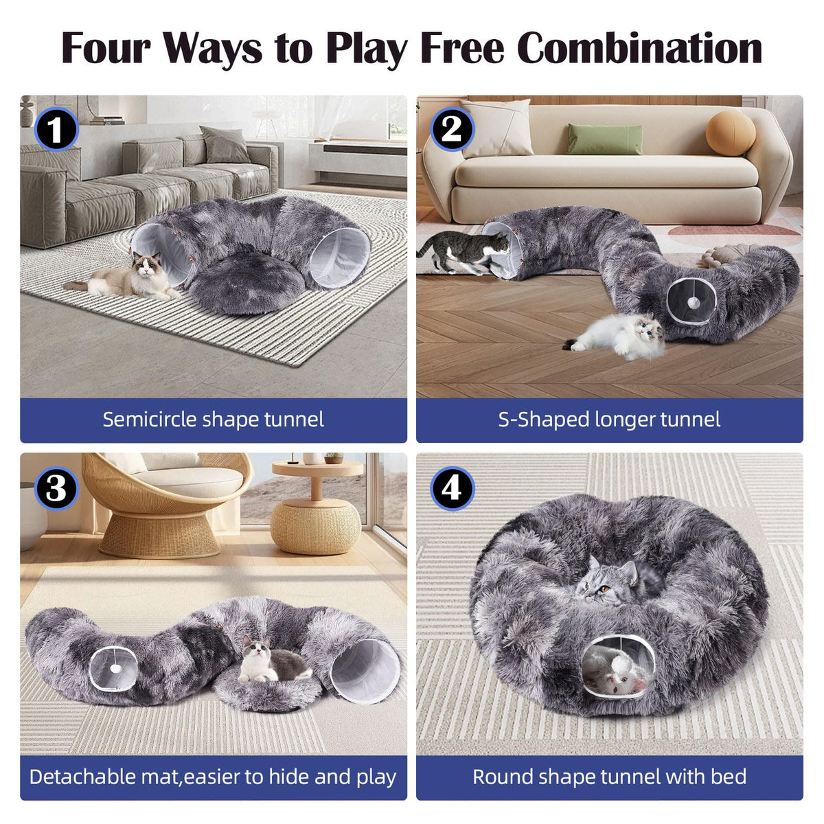 Odoland Cat Tunnel with Bed, Foldable Large Pet Donut Tunnel Bed in Linen