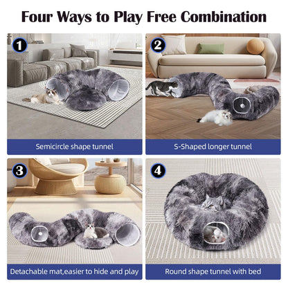 Odoland Cat Tunnel with Bed, Foldable Large Pet Donut Tunnel Bed in Linen