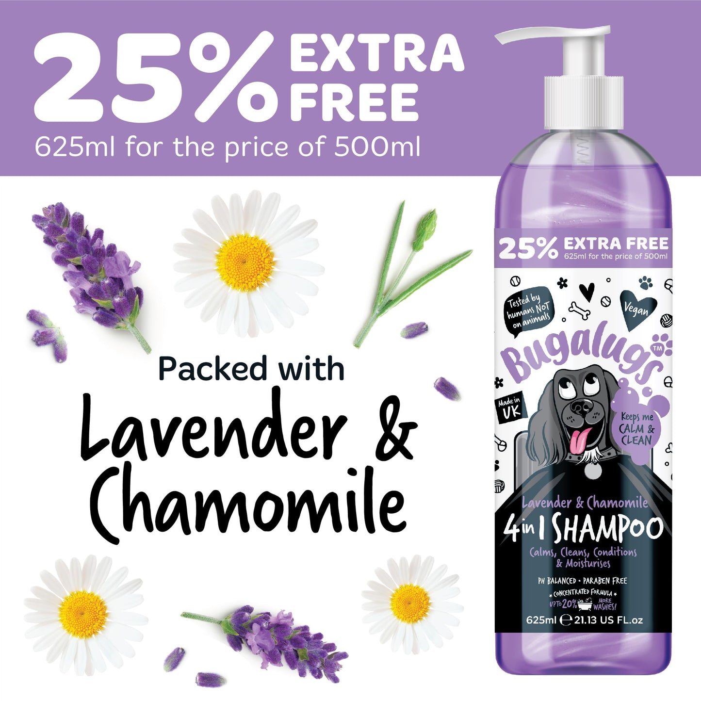 Bugalugs Lavender & Chamomile 4-in-1 Dog Shampoo and Conditioner - Professional Pet Grooming for Smelly Puppies - Vegan Formula (625ml)