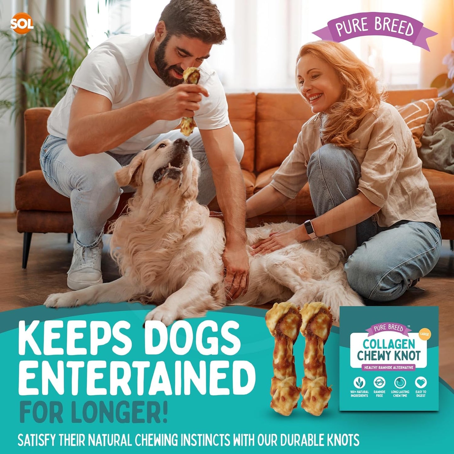 SOL 4pk Large Collagen Chewy Knots Chicken, 15 cm Tasty Dog Chews, Savoury Knotted Dog Treats for Large Dogs, High Protein Chicken Flavour Chews, Promotes Dental Health, Boredom Breaker
