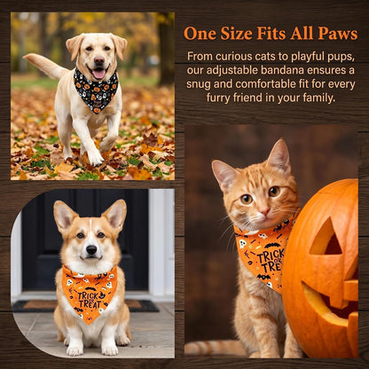 2Pcs Dog Halloween Costume, Pet Triangle Bandana, Black Orange Pumpkin Ghost Print Soft Bandanas, for Large Medium Small Dogs Cats, Halloween Cosplay Party Costumes, Holiday Photo Accessories