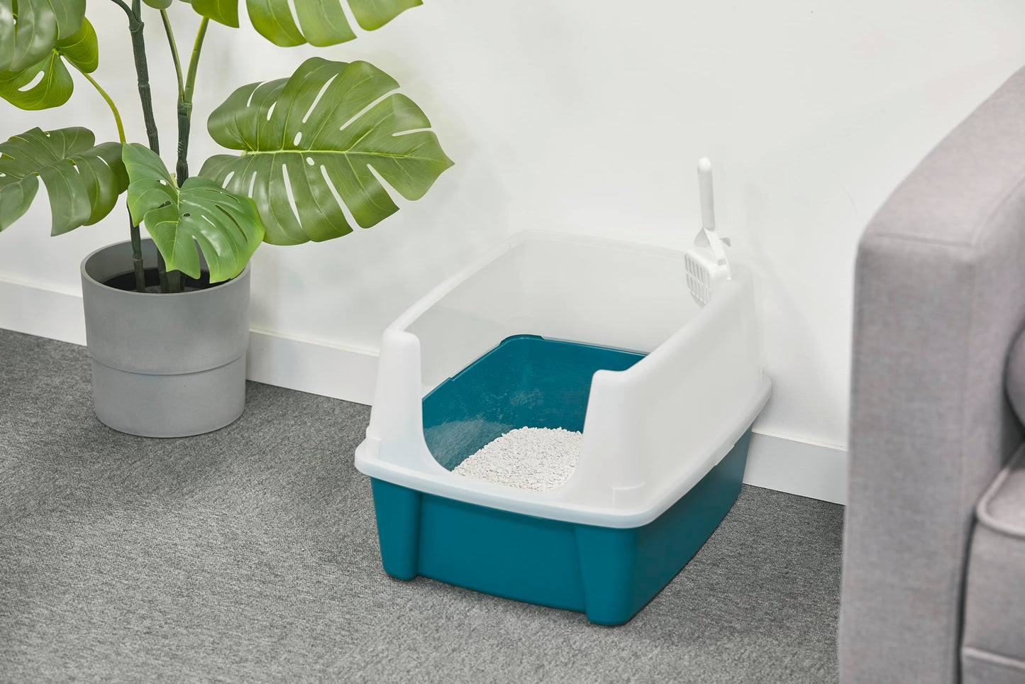 Iris Ohyama Cat Litter Tray with Scoop, Grey, Easy to Clean, Cat Litter Box, Detachable Spill Preventing Walls, For Kittens, Adult Cats, Rabbits, BPA Free, Open Top, Modern, CLH-12