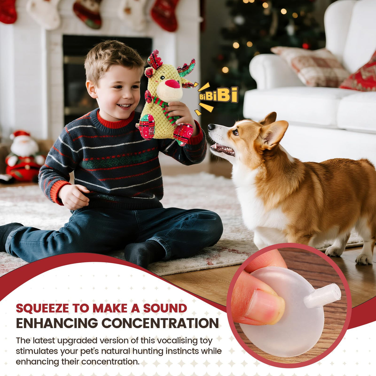 Christmas Dog Toy – Reindeer Plush with Squeaker & Crinkle Ears Durable Corduroy Texture Soft PP Cotton Filled Festive Gift Toy for Small & Medium Dogs Cute Holiday Chew & Fetch Toy