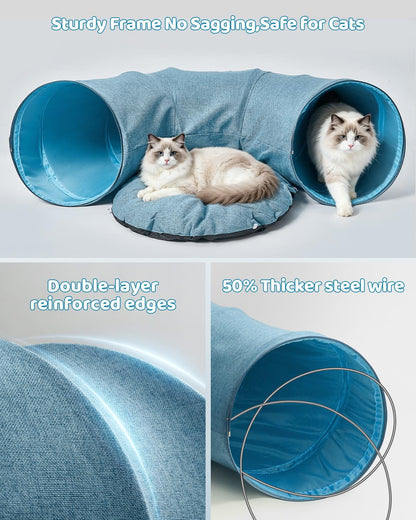 Odoland Cat Tunnel with Bed, Foldable Large Pet Donut Tunnel Bed in Linen