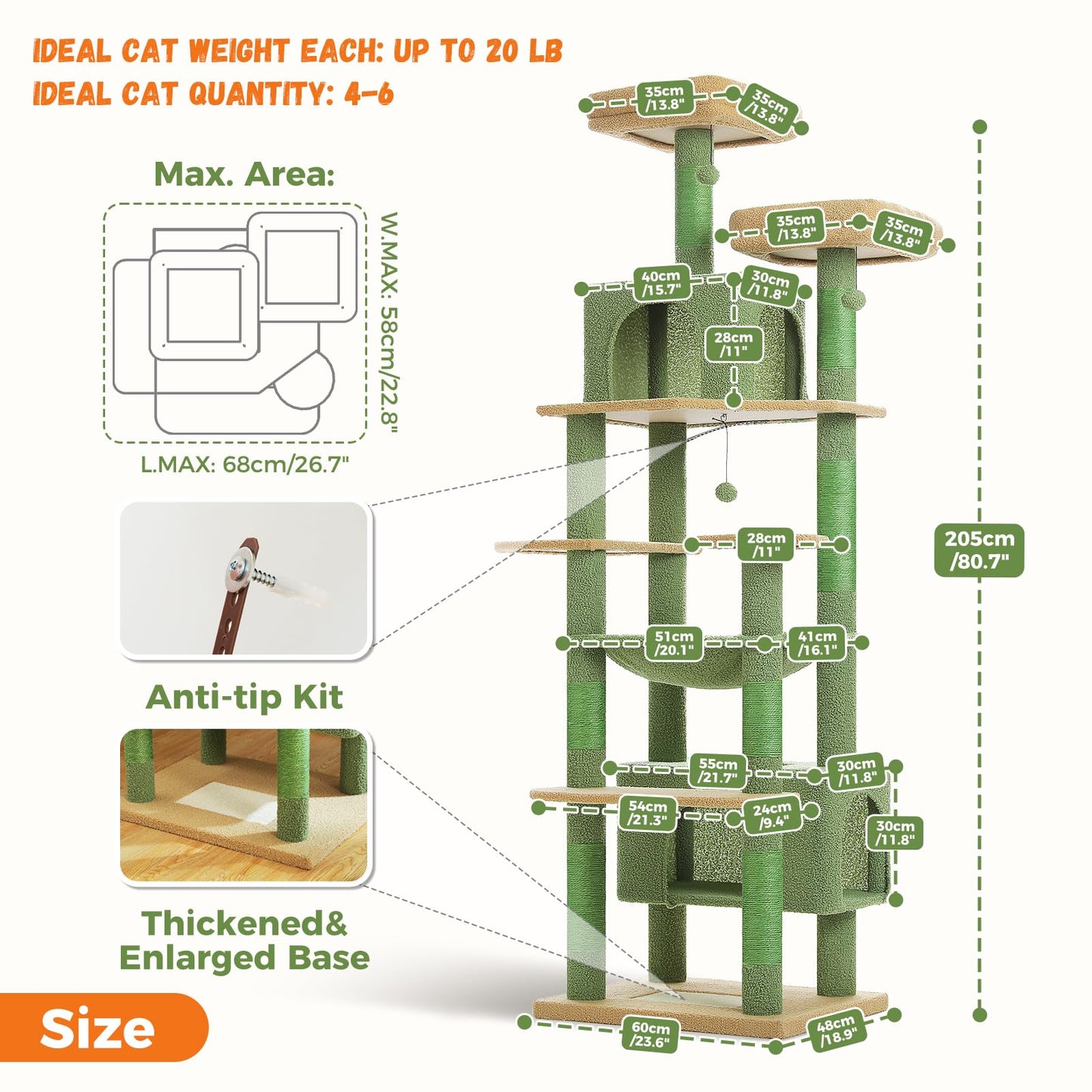 PAWZ Road Cat Tree for Large Cats, 184cm Tall Cat Tower with Large Condo