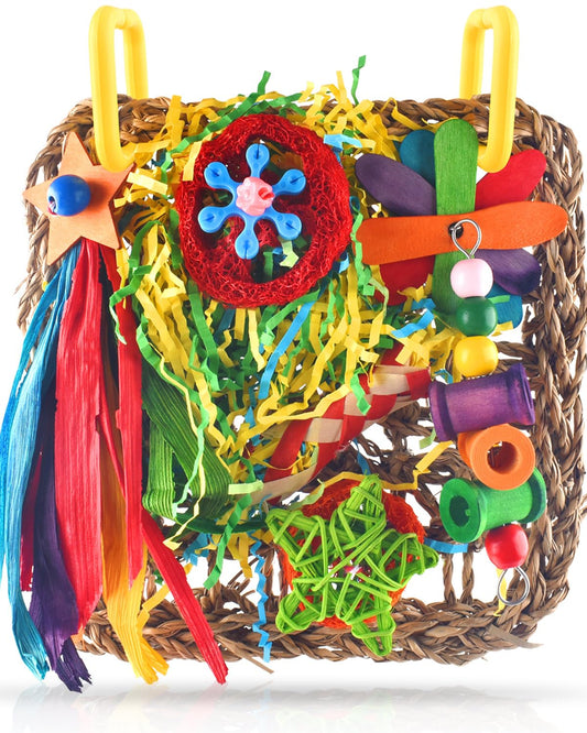 Cockatiel Toys, ERKOON Bird Budgie Toys Foraging Toys Hanging Bird Toys for Lovebrid Parakeets Conures Bird Foraging Wall with Colorful Toys for Birds Shredding Seagrass (Yellow+Green)