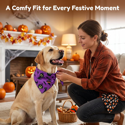 2Pcs Dog Halloween Costume, Pet Triangle Bandana, Black Orange Pumpkin Ghost Print Soft Bandanas, for Large Medium Small Dogs Cats, Halloween Cosplay Party Costumes, Holiday Photo Accessories