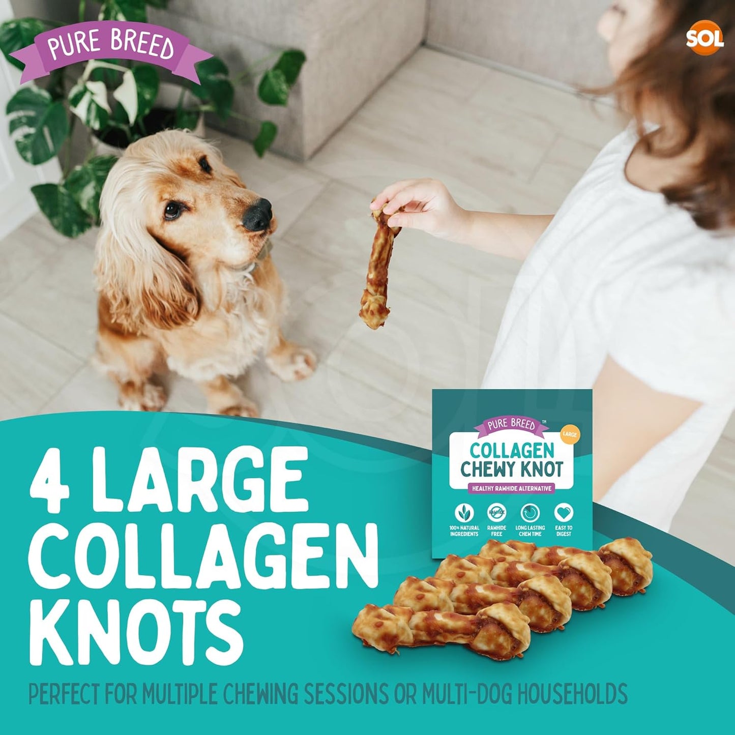 SOL 4pk Large Collagen Chewy Knots Chicken, 15 cm Tasty Dog Chews, Savoury Knotted Dog Treats for Large Dogs, High Protein Chicken Flavour Chews, Promotes Dental Health, Boredom Breaker