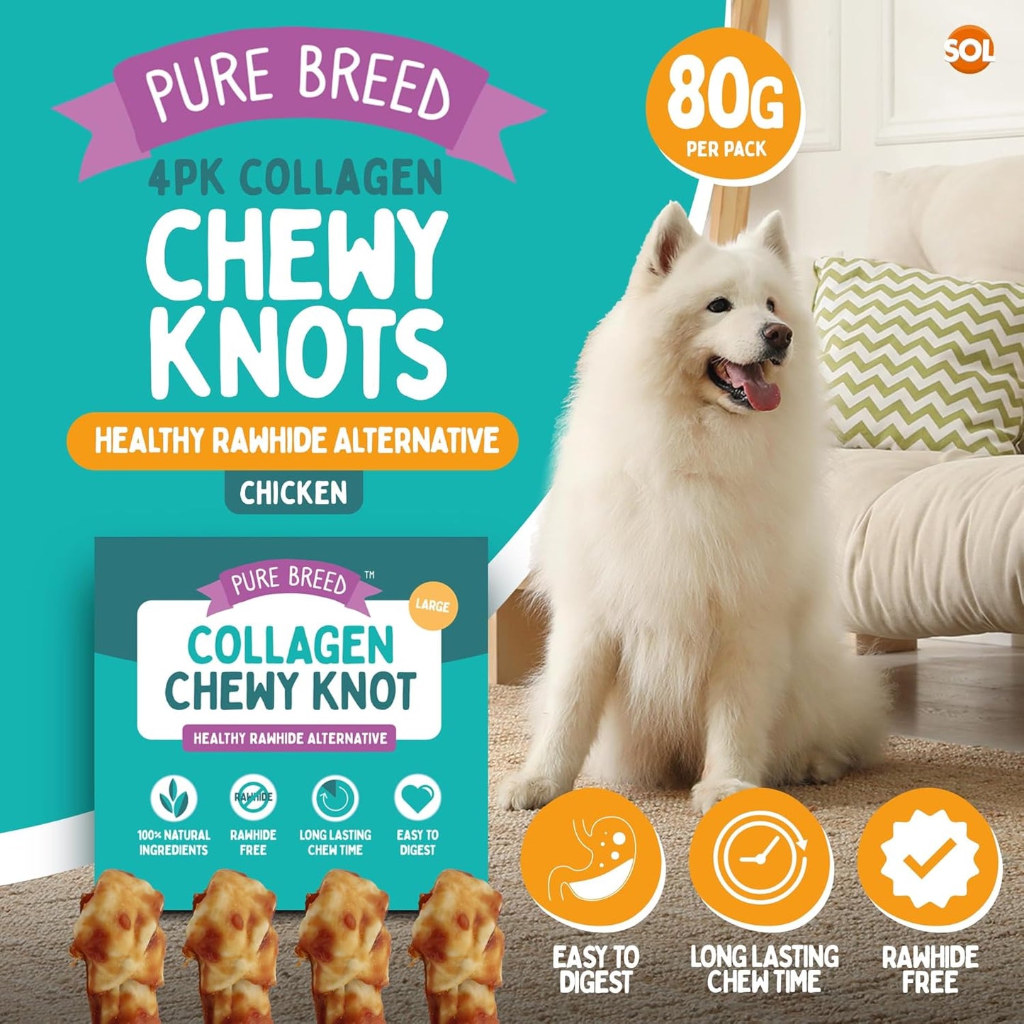 SOL 4pk Large Collagen Chewy Knots Chicken, 15 cm Tasty Dog Chews, Savoury Knotted Dog Treats for Large Dogs, High Protein Chicken Flavour Chews, Promotes Dental Health, Boredom Breaker