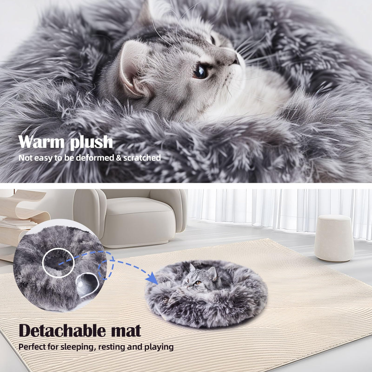 Odoland Cat Tunnel with Bed, Foldable Large Pet Donut Tunnel Bed in Linen
