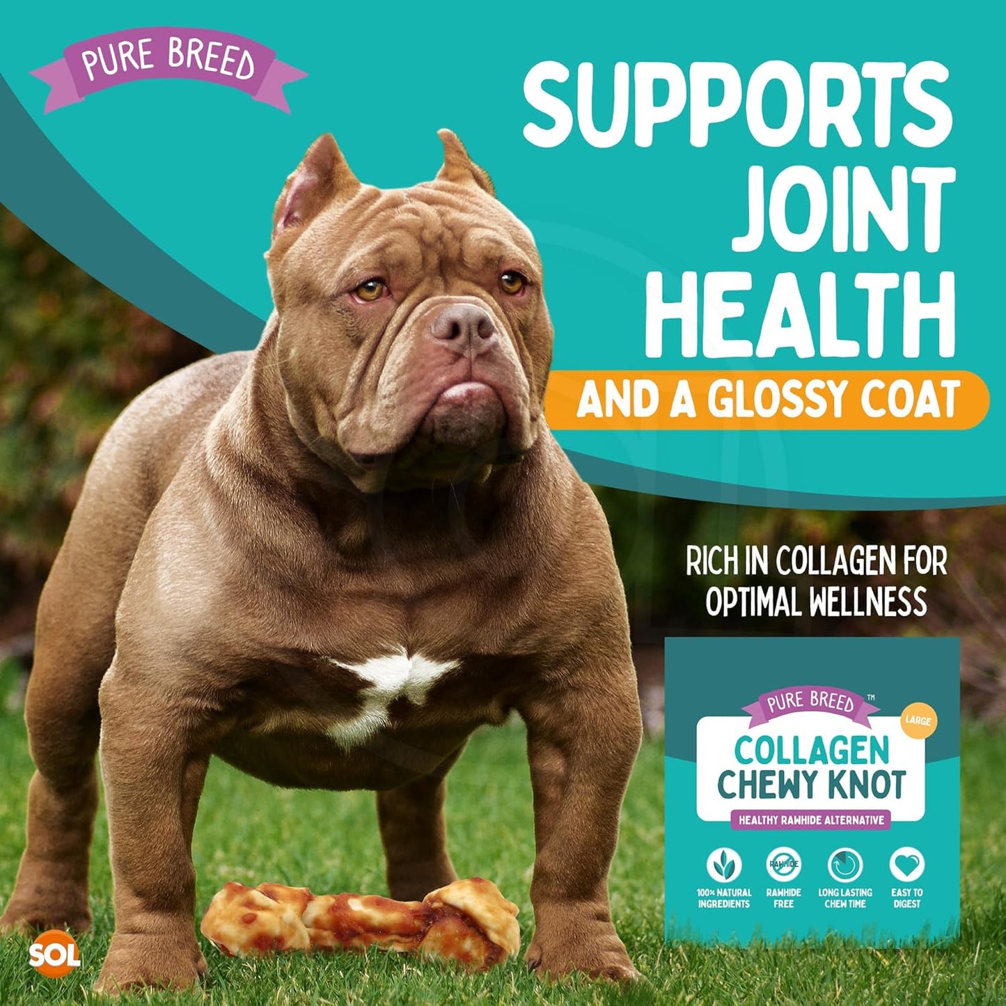 SOL 4pk Large Collagen Chewy Knots Chicken, 15 cm Tasty Dog Chews, Savoury Knotted Dog Treats for Large Dogs, High Protein Chicken Flavour Chews, Promotes Dental Health, Boredom Breaker