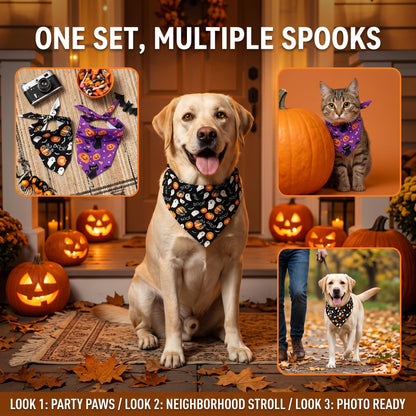 2Pcs Dog Halloween Costume, Pet Triangle Bandana, Black Orange Pumpkin Ghost Print Soft Bandanas, for Large Medium Small Dogs Cats, Halloween Cosplay Party Costumes, Holiday Photo Accessories
