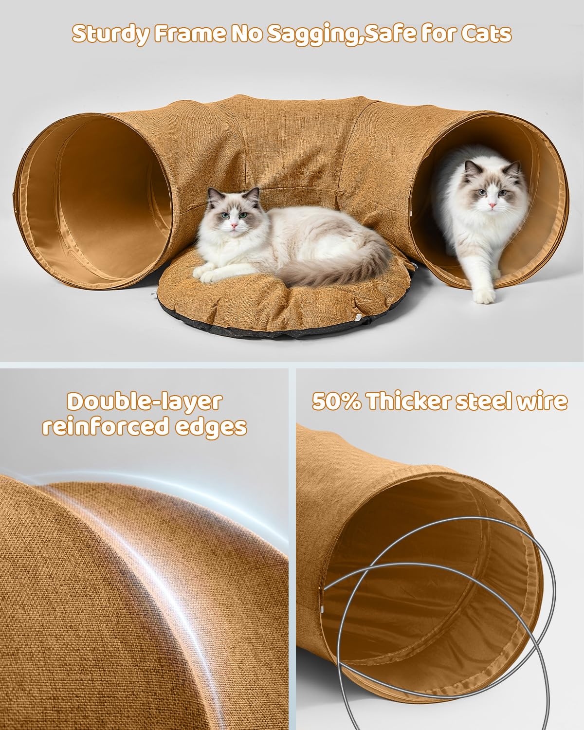Odoland Cat Tunnel with Bed, Foldable Large Pet Donut Tunnel Bed in Linen