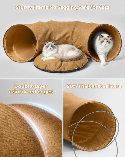 Odoland Cat Tunnel with Bed, Foldable Large Pet Donut Tunnel Bed in Linen