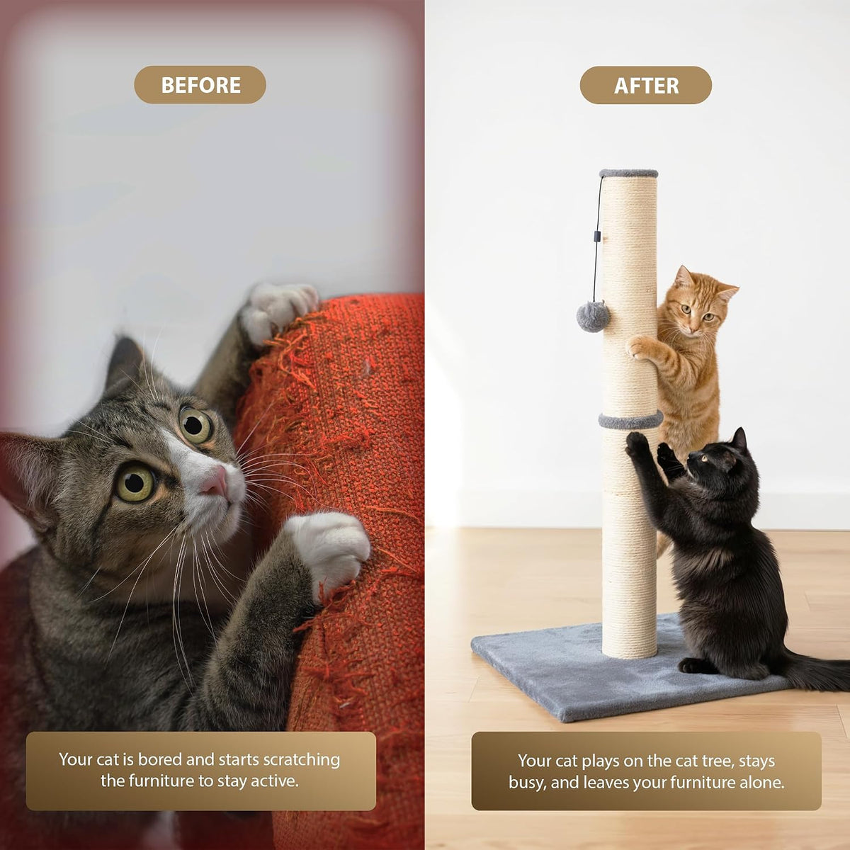 Rex & Roxy Cat Scratching Post 80CM | Tall Sisal Scratch Pole For Indoor Cats | Plush Base Cat Tower With Hanging Toy | Strong Post For Kittens And Large Breeds