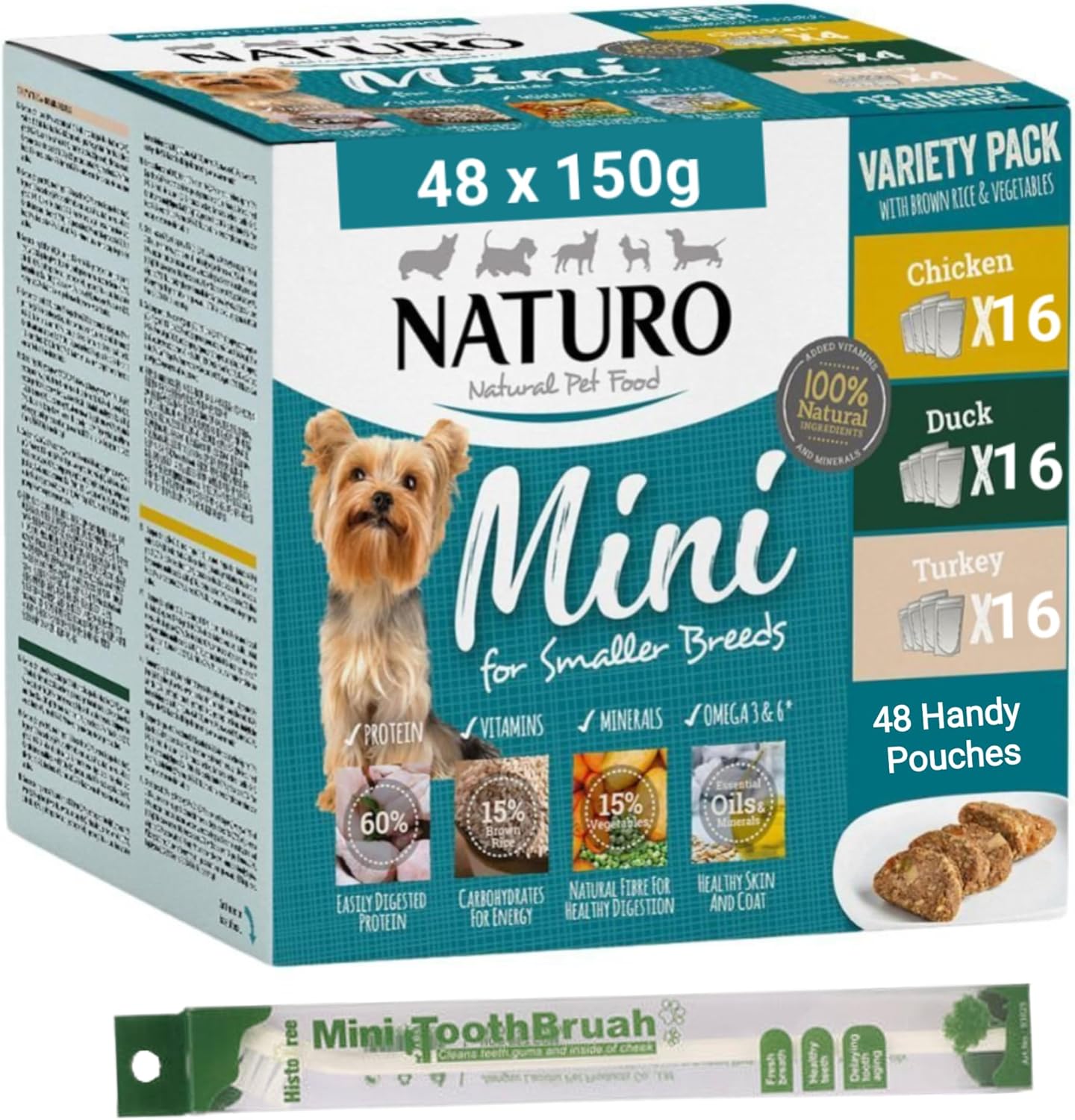 Naturo Adult Mini For Smaller Breeds Variety Pack 48 × 150g Pouches With Buddy's Dog Brush
