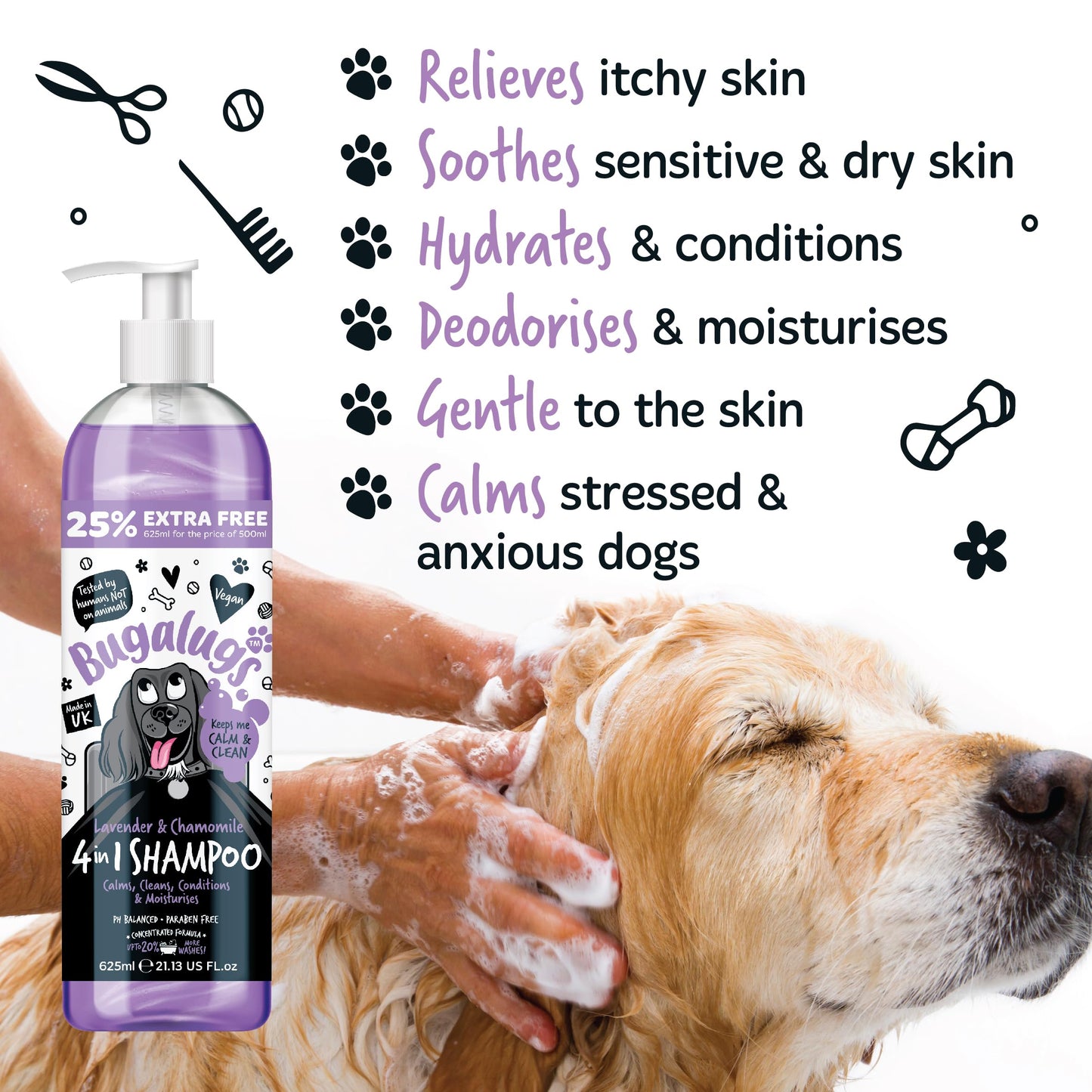 Bugalugs Lavender & Chamomile 4-in-1 Dog Shampoo and Conditioner - Professional Pet Grooming for Smelly Puppies - Vegan Formula (625ml)