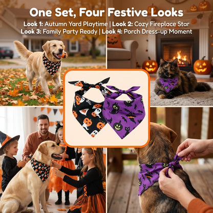 2Pcs Dog Halloween Costume, Pet Triangle Bandana, Black Orange Pumpkin Ghost Print Soft Bandanas, for Large Medium Small Dogs Cats, Halloween Cosplay Party Costumes, Holiday Photo Accessories