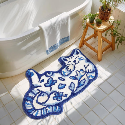 Cute Cat Bath Mat, Unique Blue Small Fun Bathroom Rug