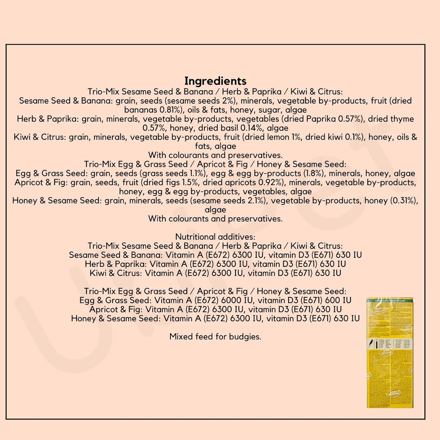 Bundle Budgies Crackers Trio-Mix including Egg, Grass Seeds, Apricot, Fig, Honey, Sesame - Pack of 3 (9 sticks in total - 270g) with Info Card