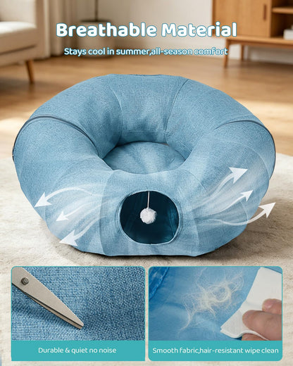 Odoland Cat Tunnel with Bed, Foldable Large Pet Donut Tunnel Bed in Linen