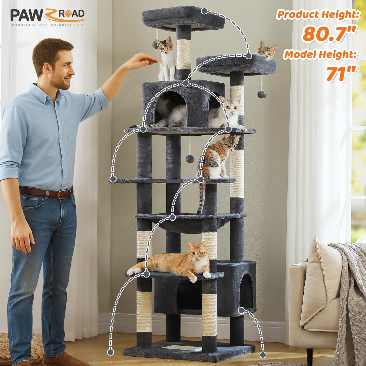 PAWZ Road Cat Tree for Large Cats, 184cm Tall Cat Tower with Large Condo