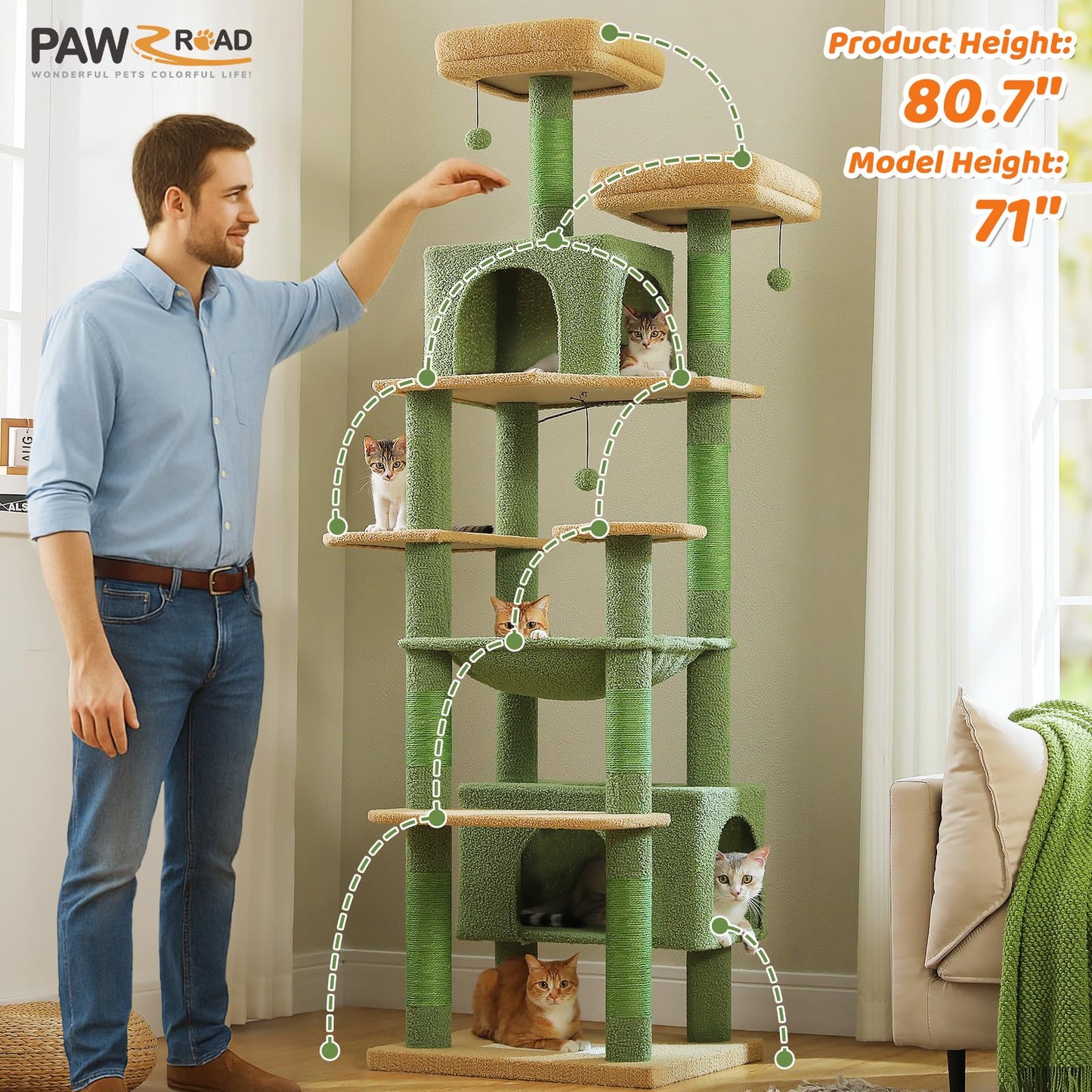 PAWZ Road Cat Tree for Large Cats, 184cm Tall Cat Tower with Large Condo
