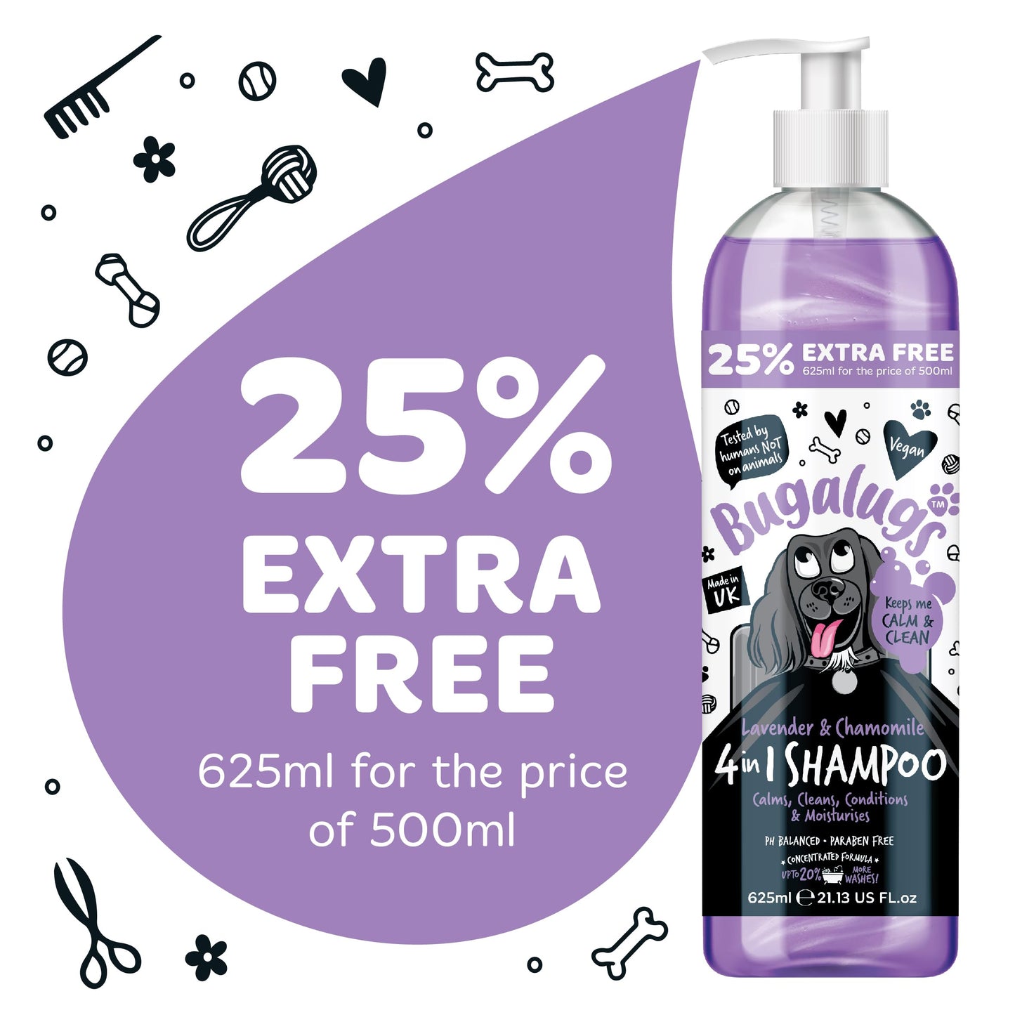 Bugalugs Lavender & Chamomile 4-in-1 Dog Shampoo and Conditioner - Professional Pet Grooming for Smelly Puppies - Vegan Formula (625ml)