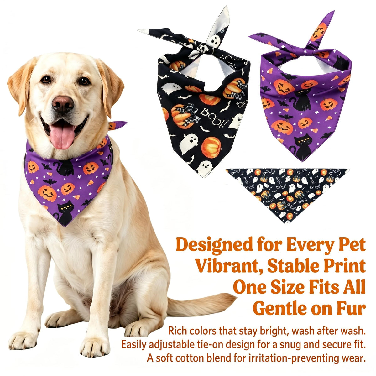 2Pcs Dog Halloween Costume, Pet Triangle Bandana, Black Orange Pumpkin Ghost Print Soft Bandanas, for Large Medium Small Dogs Cats, Halloween Cosplay Party Costumes, Holiday Photo Accessories