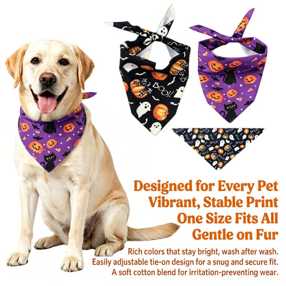 2Pcs Dog Halloween Costume, Pet Triangle Bandana, Black Orange Pumpkin Ghost Print Soft Bandanas, for Large Medium Small Dogs Cats, Halloween Cosplay Party Costumes, Holiday Photo Accessories