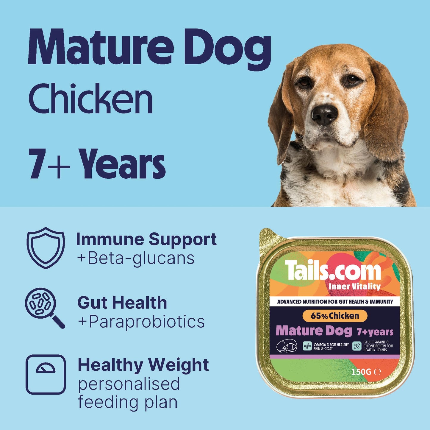 Tails.com Inner Vitality • Wet Dog Food 11 x 150g • Sensitive Chicken & Cod • Adult 1-7 years • Grain Free Recipe • Made with natural ingredients • Contains Omega 3 to Support Skin and Coat