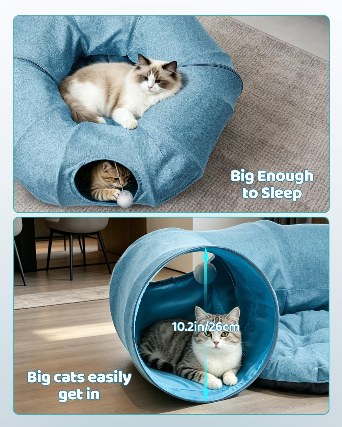 Odoland Cat Tunnel with Bed, Foldable Large Pet Donut Tunnel Bed in Linen