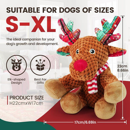 Christmas Dog Toy – Reindeer Plush with Squeaker & Crinkle Ears Durable Corduroy Texture Soft PP Cotton Filled Festive Gift Toy for Small & Medium Dogs Cute Holiday Chew & Fetch Toy
