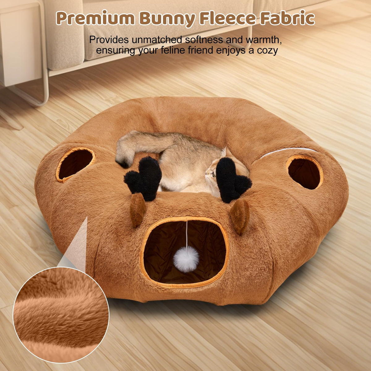 Odoland Cat Tunnel with Bed, Foldable Large Pet Donut Tunnel Bed in Linen