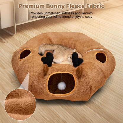 Odoland Cat Tunnel with Bed, Foldable Large Pet Donut Tunnel Bed in Linen