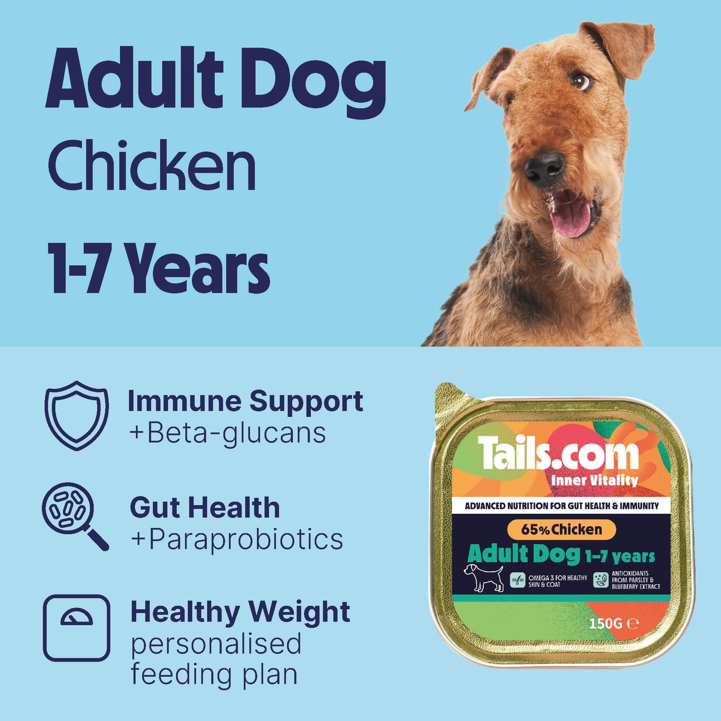 Tails.com Inner Vitality • Wet Dog Food 11 x 150g • Sensitive Chicken & Cod • Adult 1-7 years • Grain Free Recipe • Made with natural ingredients • Contains Omega 3 to Support Skin and Coat