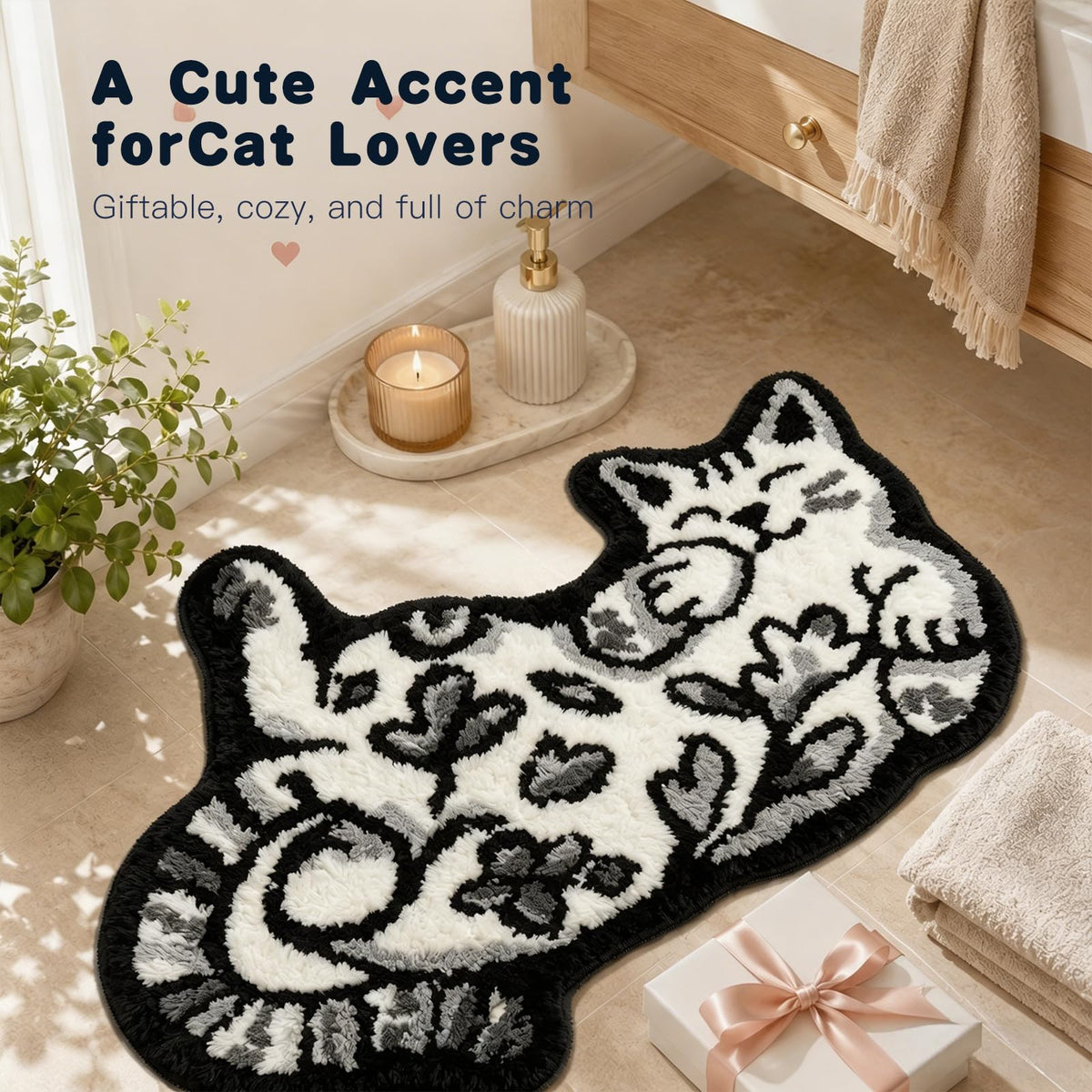 Cute Cat Bath Mat, Unique Blue Small Fun Bathroom Rug