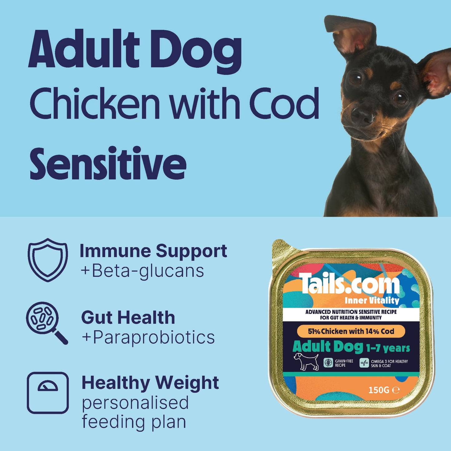 Tails.com Inner Vitality • Wet Dog Food 11 x 150g • Sensitive Chicken & Cod • Adult 1-7 years • Grain Free Recipe • Made with natural ingredients • Contains Omega 3 to Support Skin and Coat