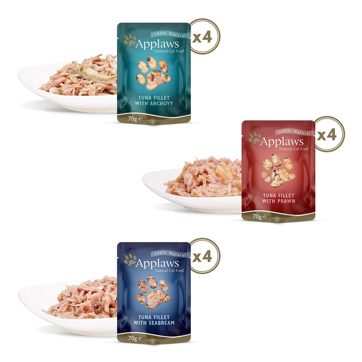 Applaws 100% Natural Wet Cat Food, Pouch Multipack Tuna Selection in Broth, 70 g (12 x 70 g Pouches)