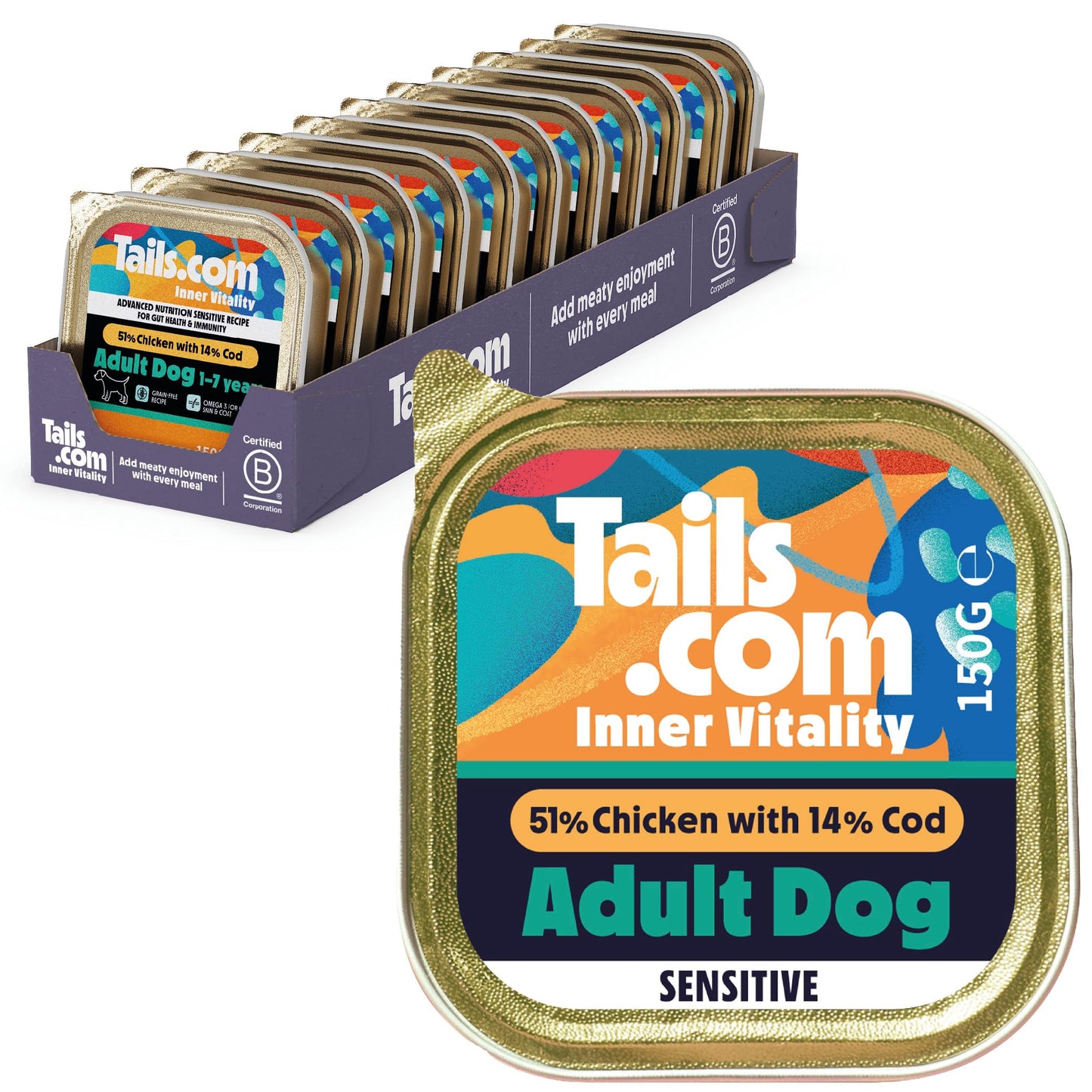 Tails.com Inner Vitality • Wet Dog Food 11 x 150g • Sensitive Chicken & Cod • Adult 1-7 years • Grain Free Recipe • Made with natural ingredients • Contains Omega 3 to Support Skin and Coat