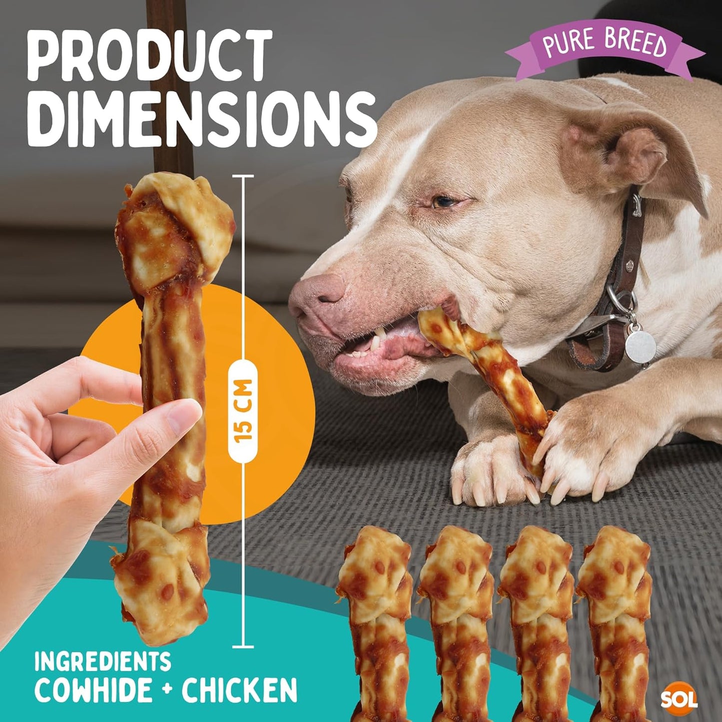 SOL 4pk Large Collagen Chewy Knots Chicken, 15 cm Tasty Dog Chews, Savoury Knotted Dog Treats for Large Dogs, High Protein Chicken Flavour Chews, Promotes Dental Health, Boredom Breaker