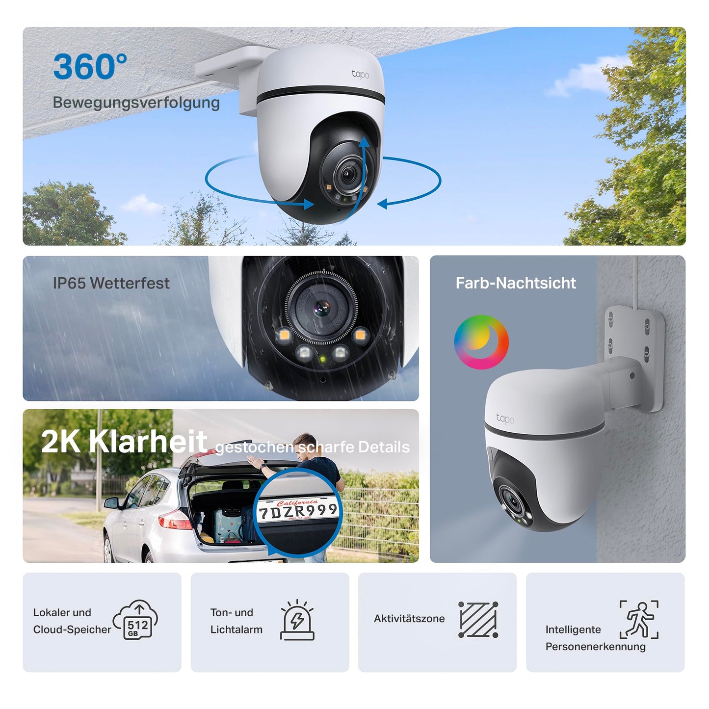 Tapo TC40 Pan/Tilt Smart Security Outdoor Camera, Full HD, 360° Smart Person Detection Motion Tracking, Color Night Vision, WiFi Camera No Monthly Fee, Two-Way Talk, IP65, Works with Alexa & Google