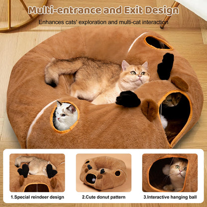 Odoland Cat Tunnel with Bed, Foldable Large Pet Donut Tunnel Bed in Linen