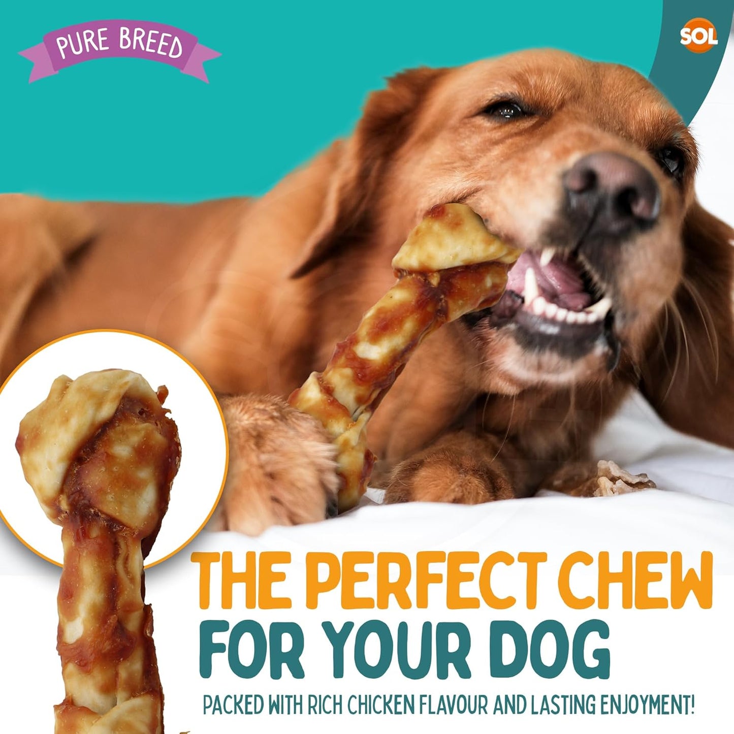 SOL 4pk Large Collagen Chewy Knots Chicken, 15 cm Tasty Dog Chews, Savoury Knotted Dog Treats for Large Dogs, High Protein Chicken Flavour Chews, Promotes Dental Health, Boredom Breaker