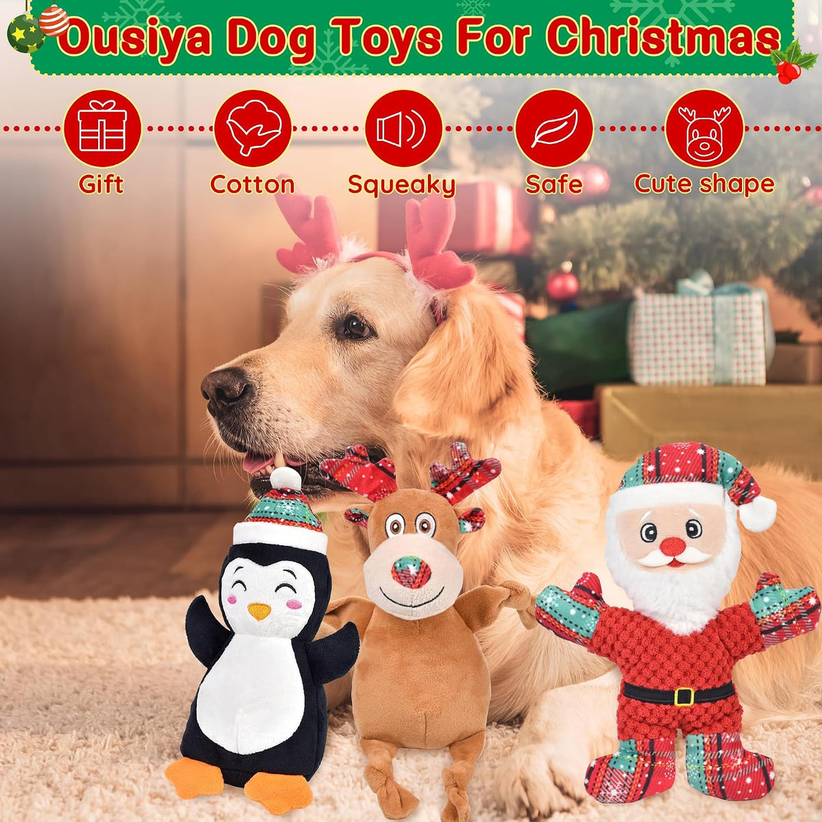 3 Pack Christmas Dog Toys Squeaky Dog Toys Christmas Pet Stuffed Plush Toys Interactive Durable Dogs Chew Toys for Medium Small Large Dogs