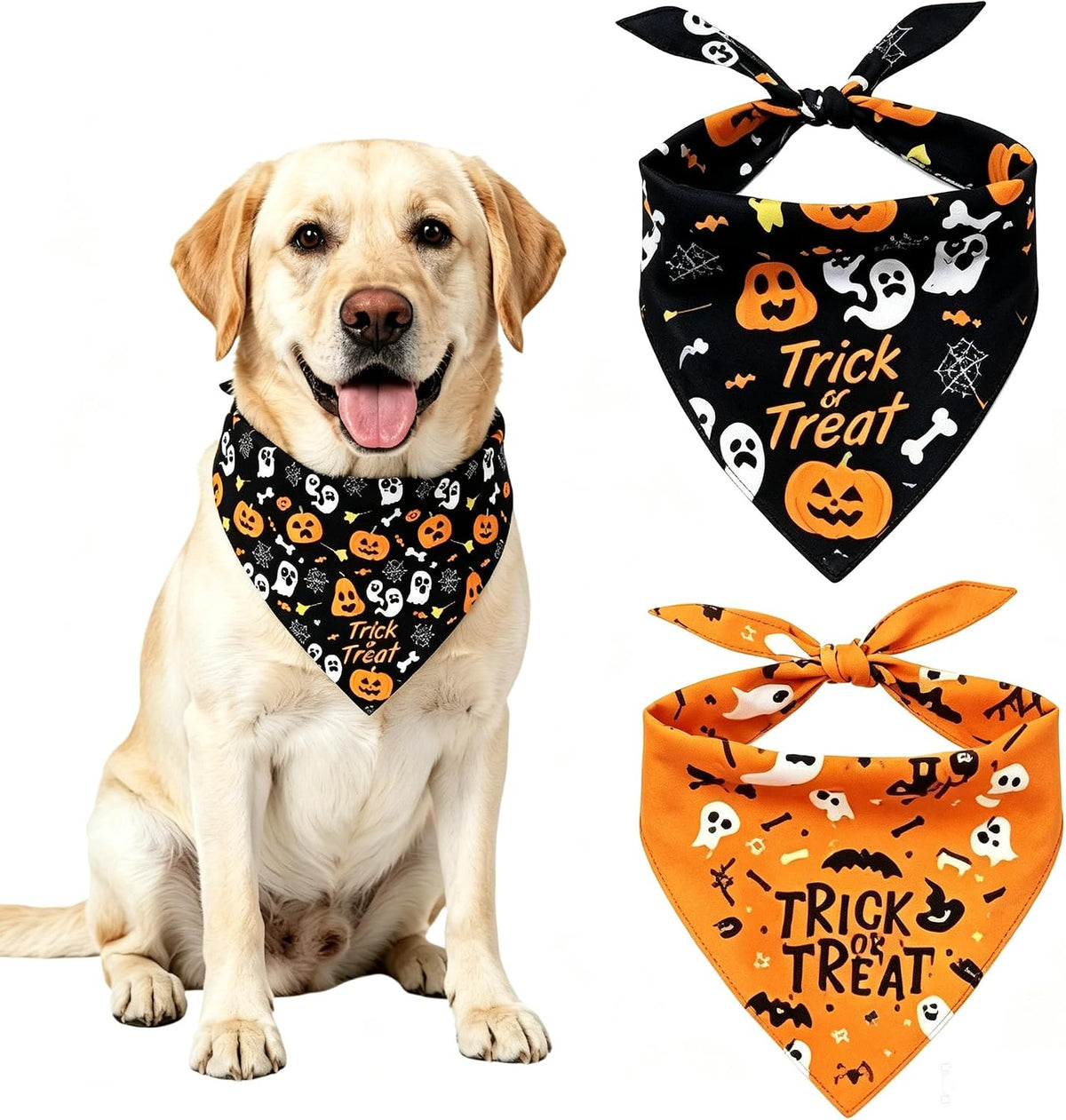 2Pcs Dog Halloween Costume, Pet Triangle Bandana, Black Orange Pumpkin Ghost Print Soft Bandanas, for Large Medium Small Dogs Cats, Halloween Cosplay Party Costumes, Holiday Photo Accessories