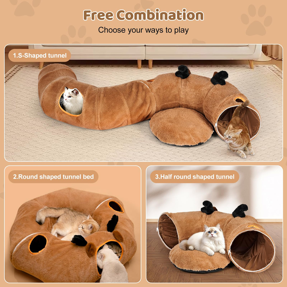 Odoland Cat Tunnel with Bed, Foldable Large Pet Donut Tunnel Bed in Linen