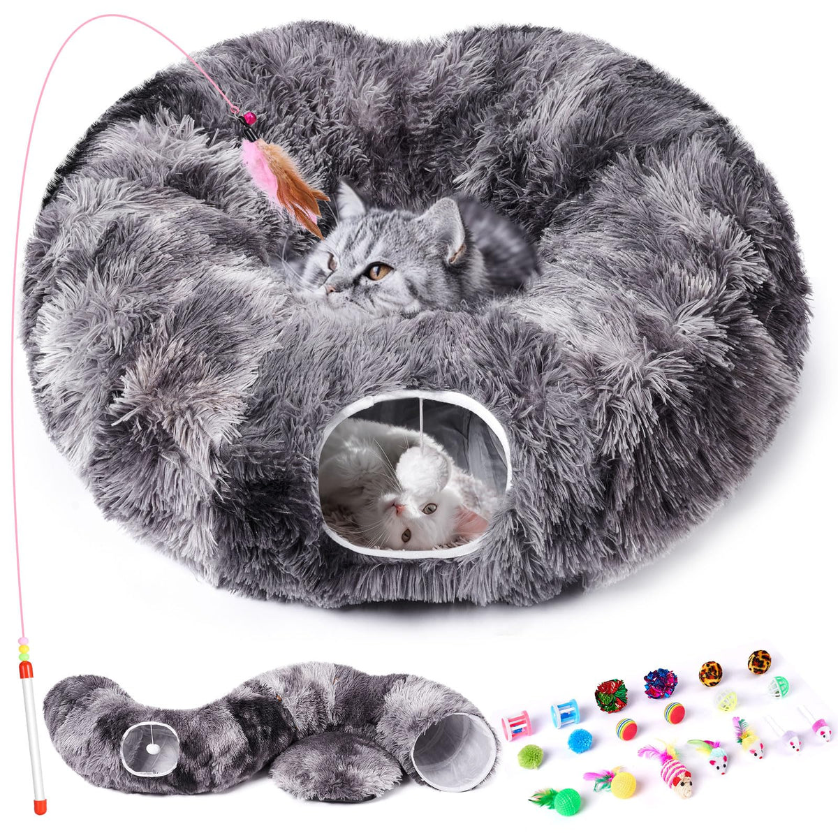Odoland Cat Tunnel with Bed, Foldable Large Pet Donut Tunnel Bed in Linen