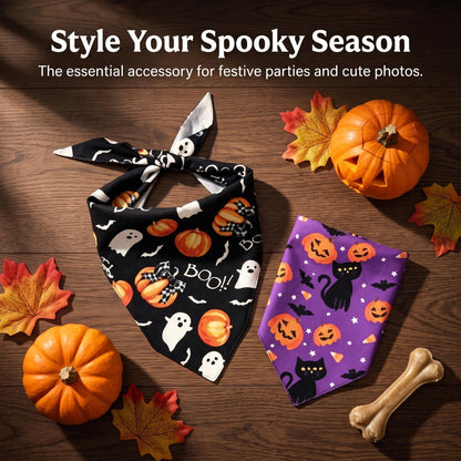 2Pcs Dog Halloween Costume, Pet Triangle Bandana, Black Orange Pumpkin Ghost Print Soft Bandanas, for Large Medium Small Dogs Cats, Halloween Cosplay Party Costumes, Holiday Photo Accessories